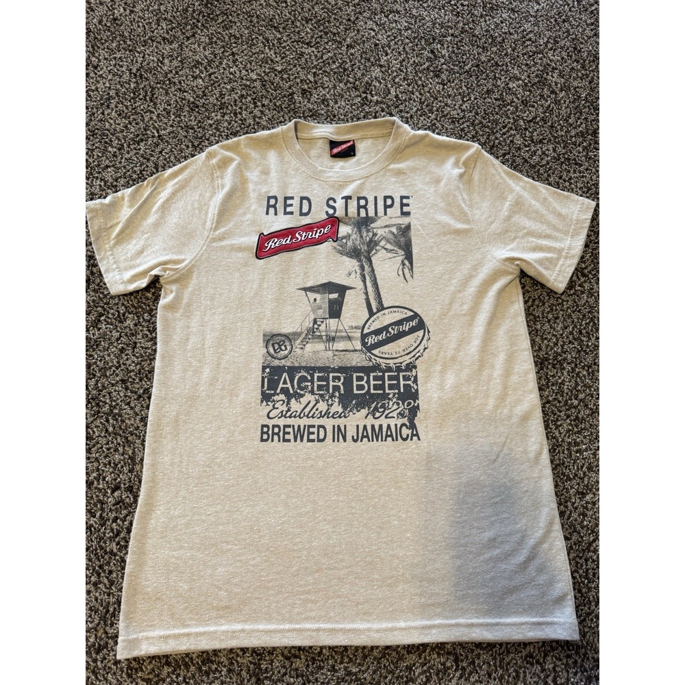 Red Stripe Lager Beer Graphic Beach T Shirt Men's Size Large Beige Tee